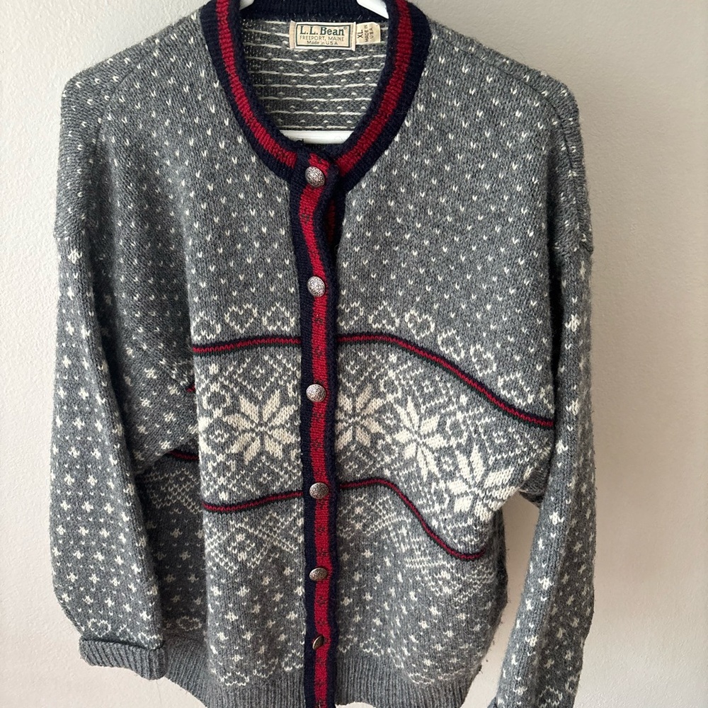 Vintage L.L. Bean Nordic Fair Isle Wool Knit Cardigan Sweater Size XL